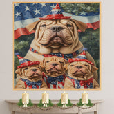 Shar Pei Dog Family in Patriotic Outfits and Party Hats with American Flag Backdrop for Fourth of July Celebration on Ready to Hang 1.5" Thick Canvas Wrap, Floating Framed Canvas, Flat Rolled Canvas